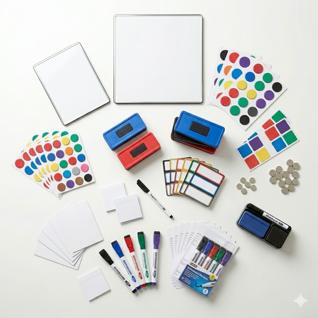 Tableaux blancs aimantés, marqueurs, brosses & magnets.
